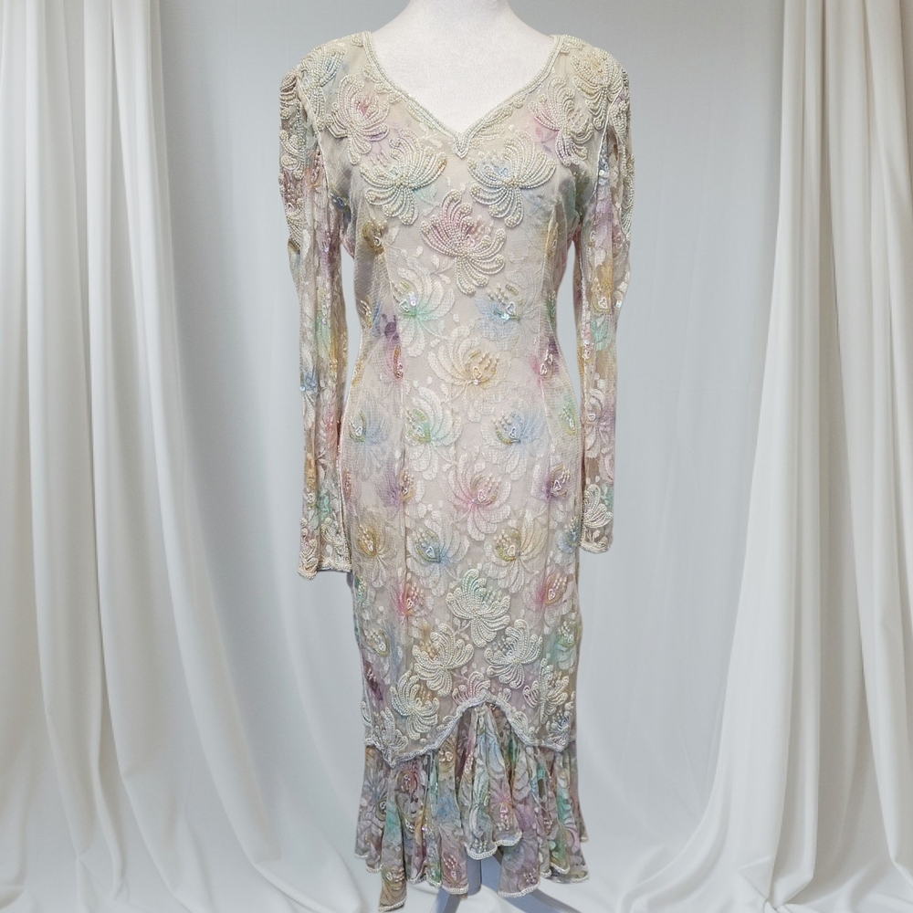 Vintage Scala Milano Paris LA Elegant Multicolor Hand Beaded Dress